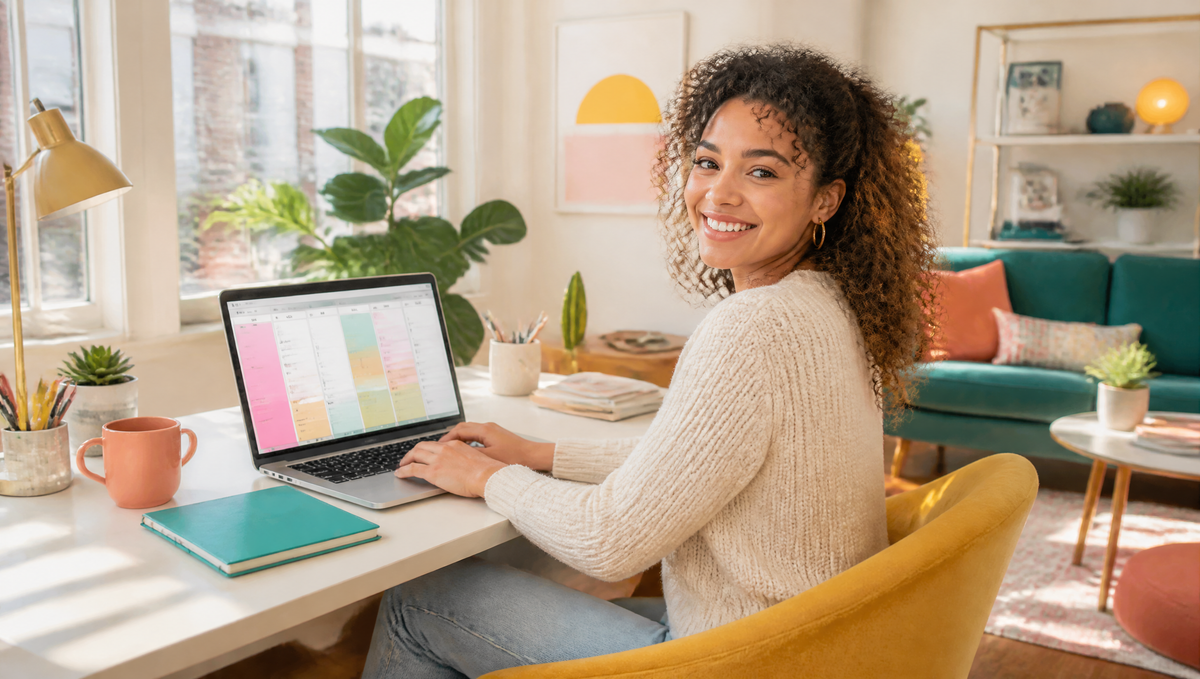 Woman planning her week on a laptop at a sunny desk