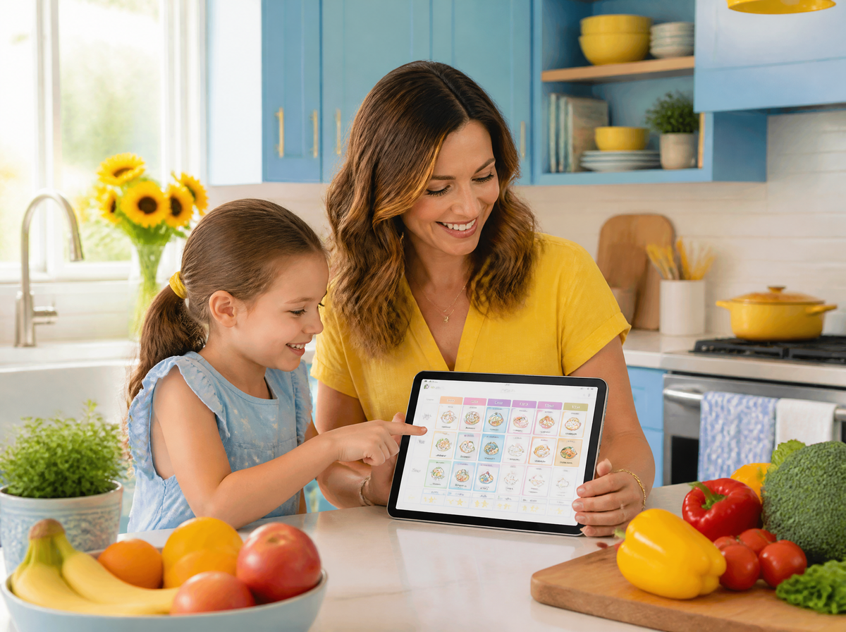 Mother and daughter planning meals on a tablet