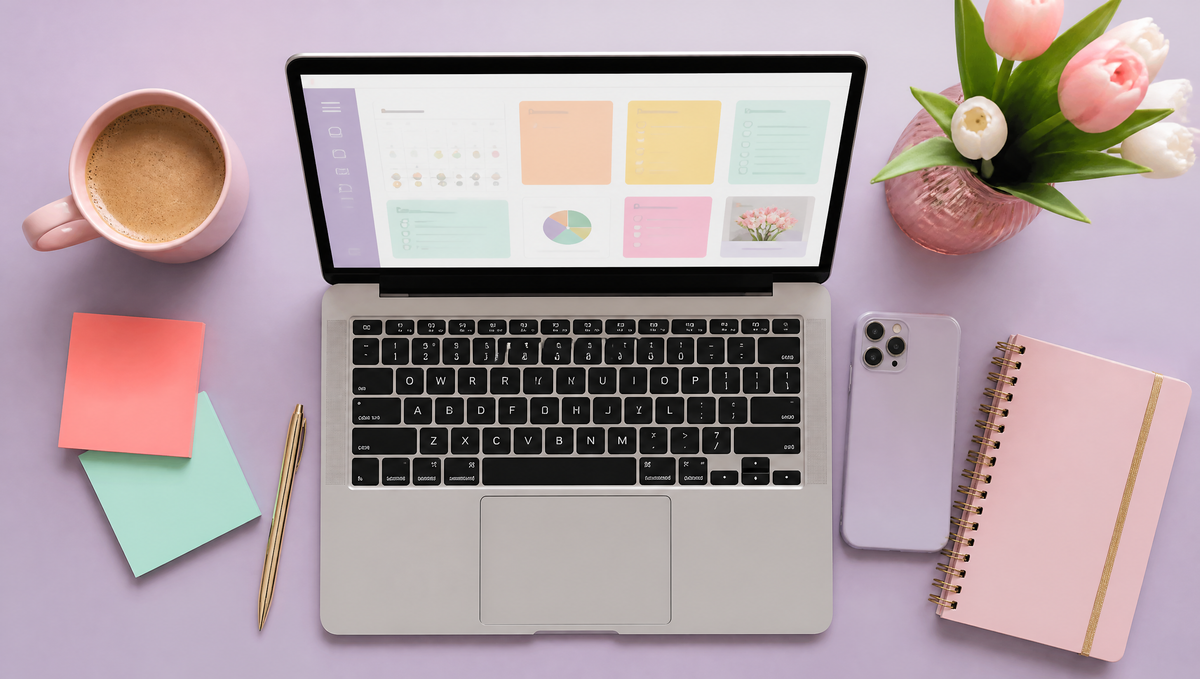 Laptop with a colourful planner on a lilac desk