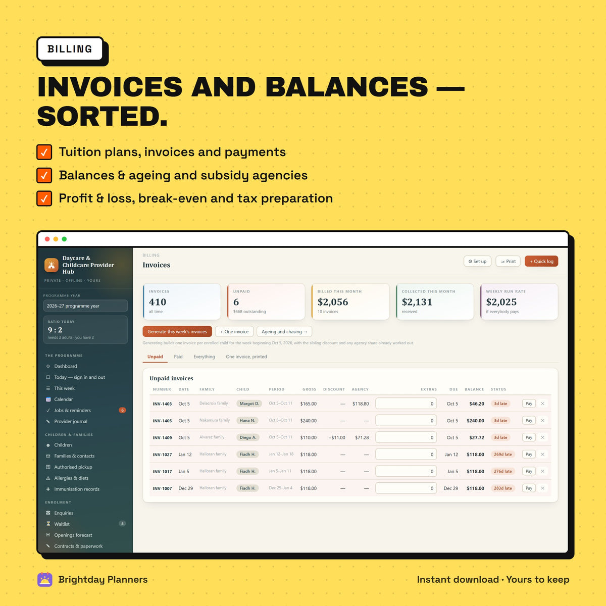 Daycare Provider Hub — Invoices and balances — sorted