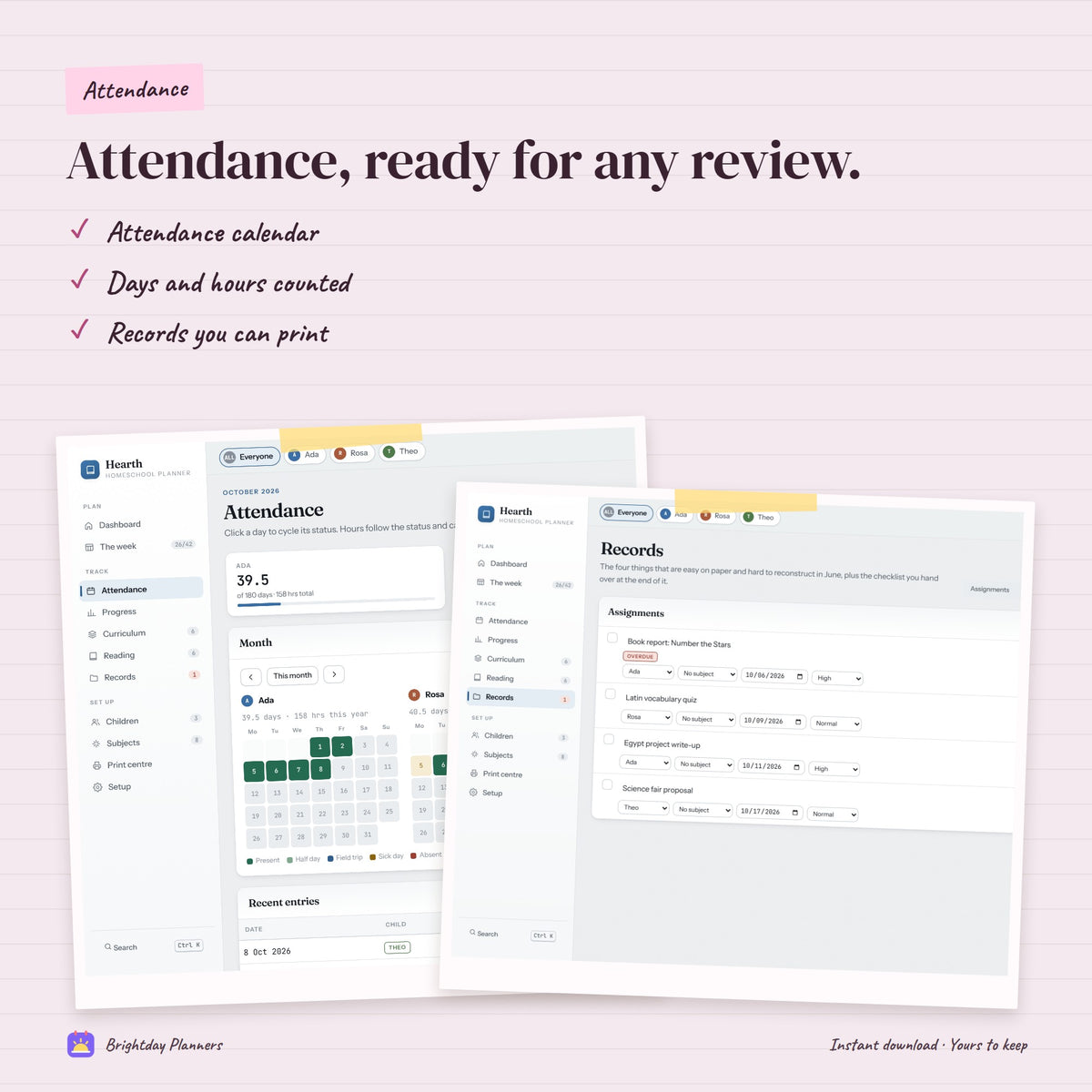 Homeschool Planner App — Attendance, ready for any review