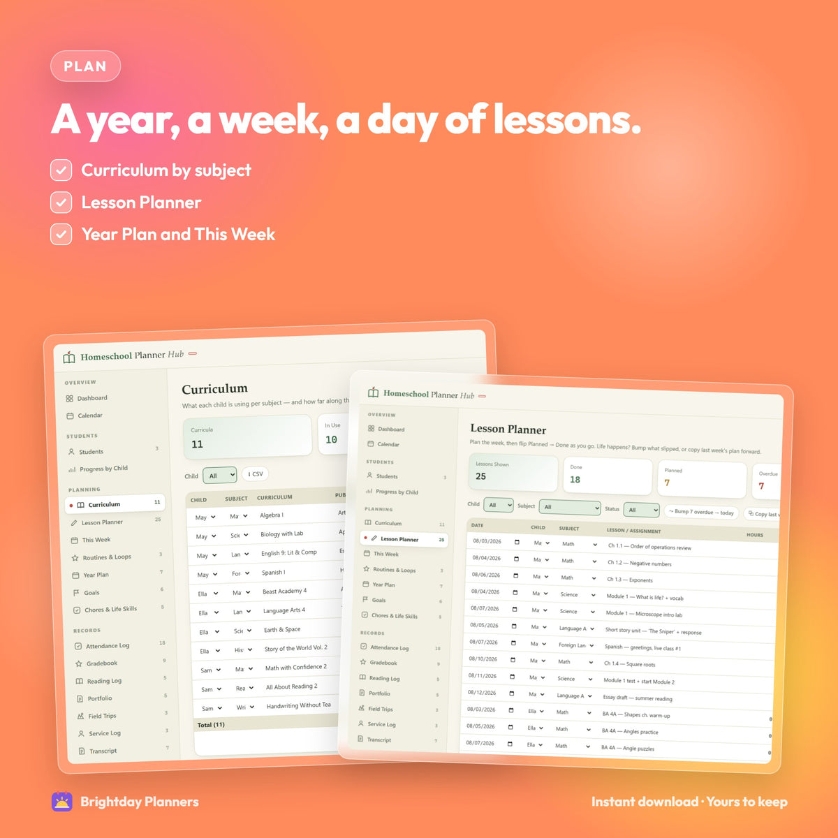 Homeschool Planner App — A year, a week, a day of lessons