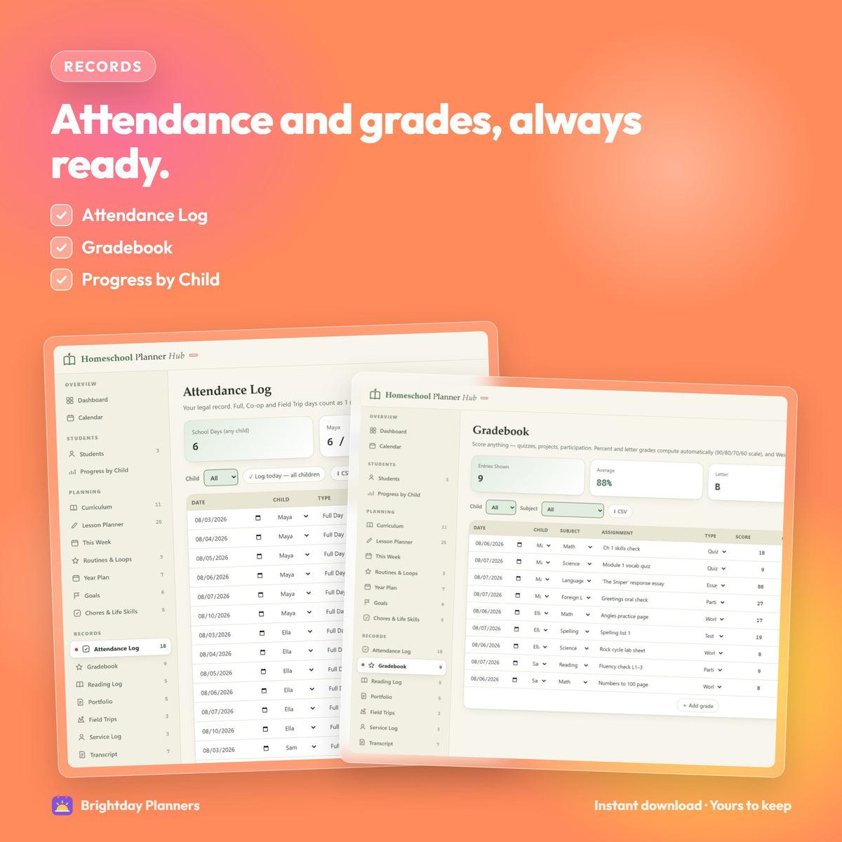 Homeschool Planner App — Attendance and grades, always ready