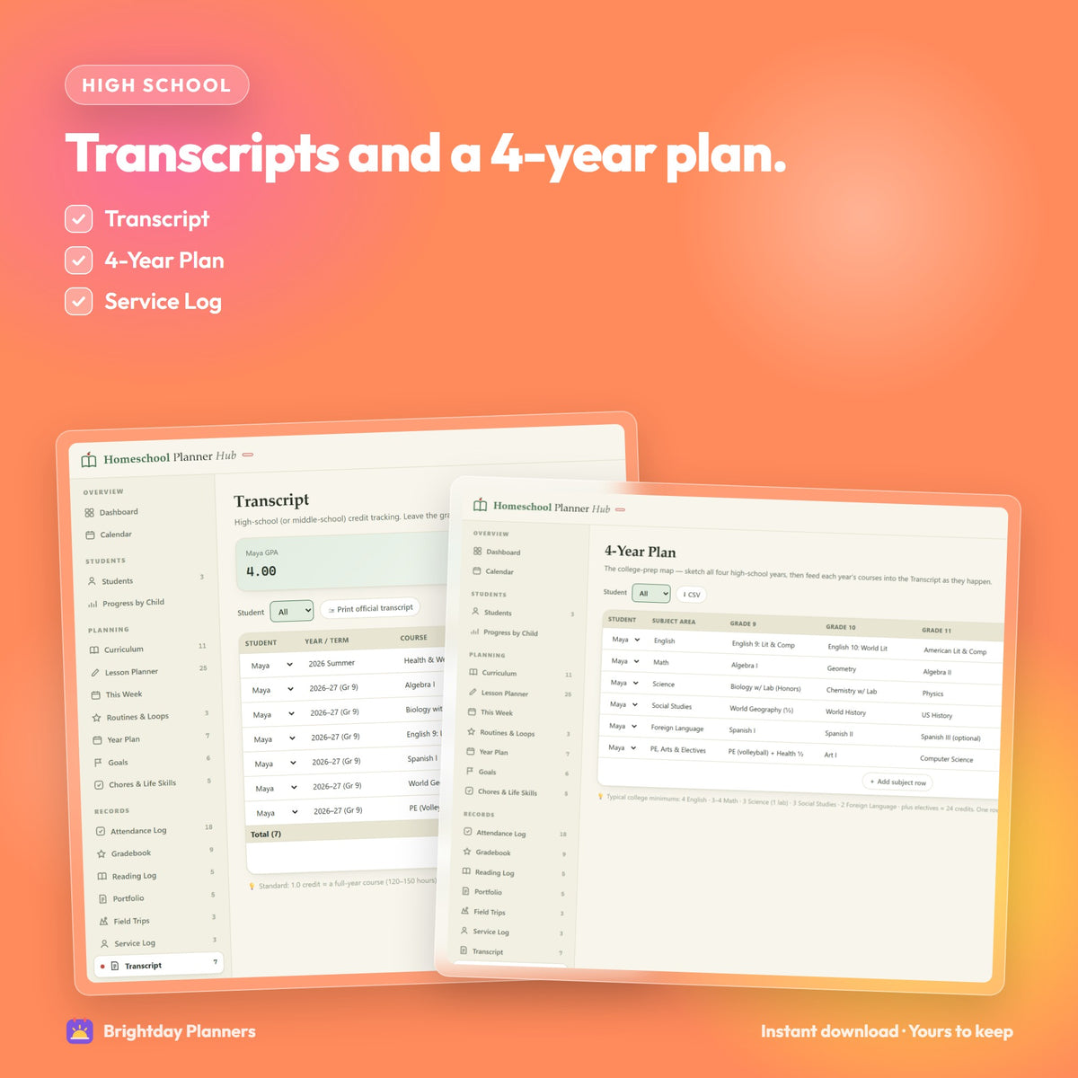 Homeschool Planner App — Transcripts and a 4-year plan