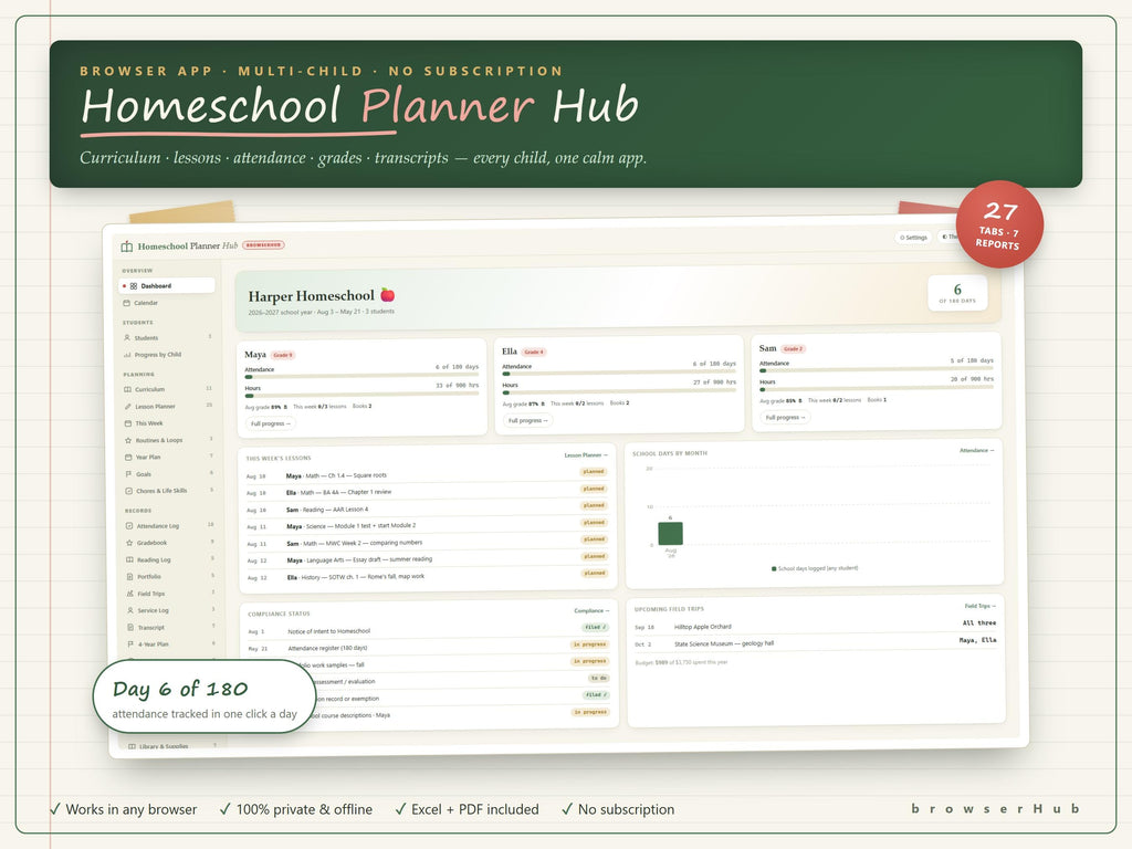 Homeschool Planner App, Attendance, Grades, Transcripts (Excel, PDF)