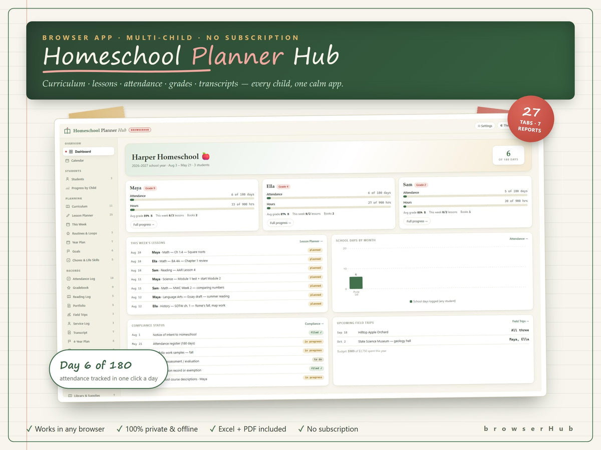 Homeschool Planner App, Attendance, Grades, Transcripts (Excel, PDF)
