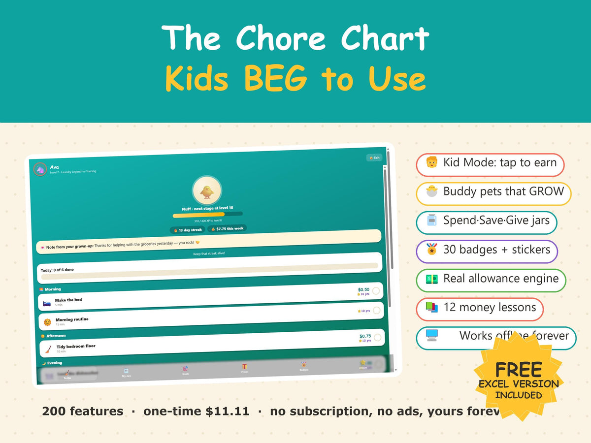 Interactive Chore Chart App, Kids Allowance Tracker, Money Skills (Digital Download)