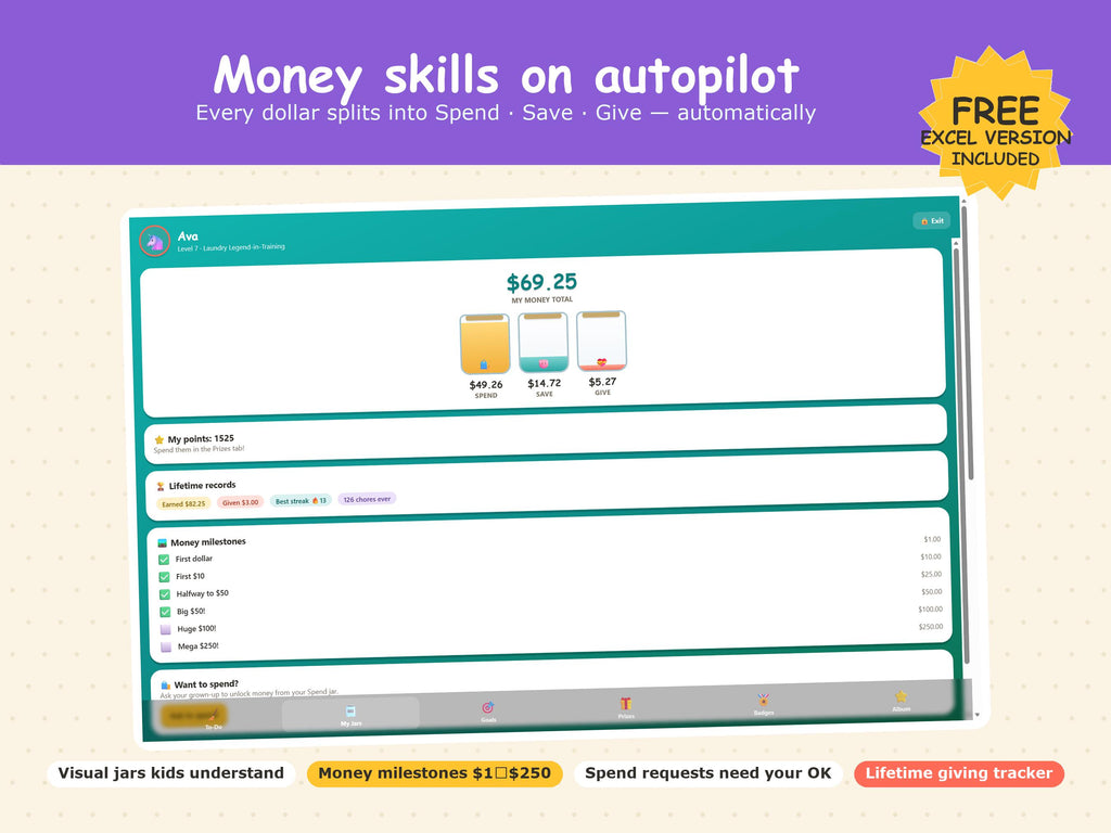 Interactive Chore Chart App, Kids Allowance Tracker, Money Skills (Digital Download)
