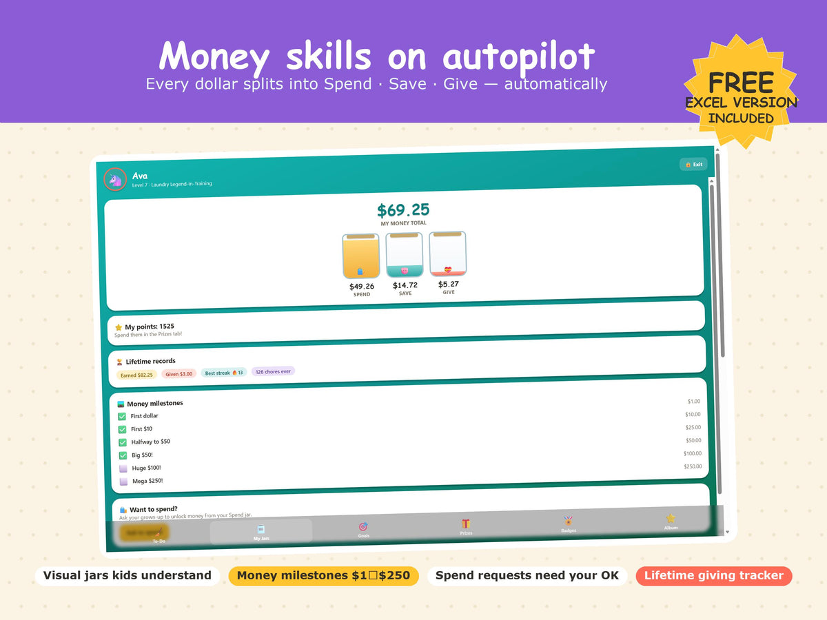 Interactive Chore Chart App, Kids Allowance Tracker, Money Skills (Digital Download)