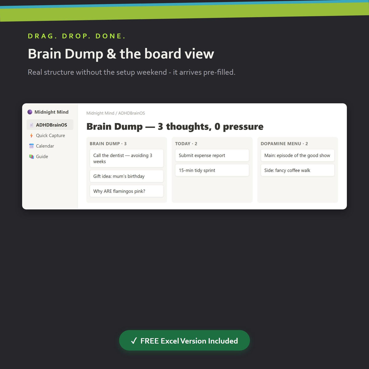 ADHD Notion Template, Dopamine Menu, Brain Dump Dashboard, Task System