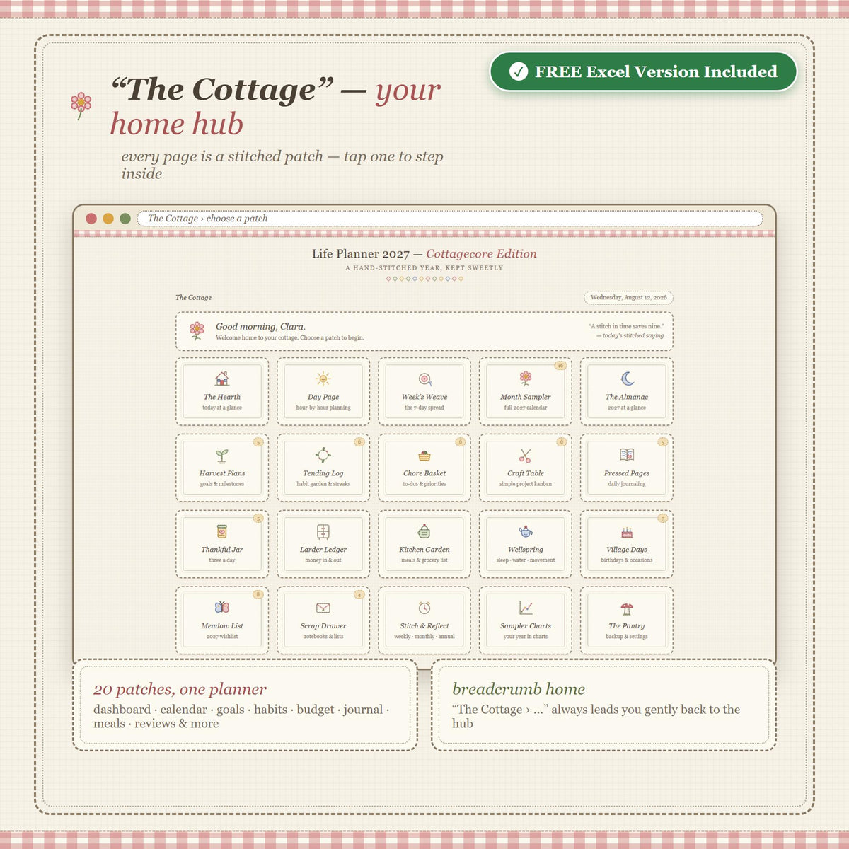Cottagecore Life Planner 2027, All-in-One Digital Planner, Weekly Habit Tracker (Excel Included)