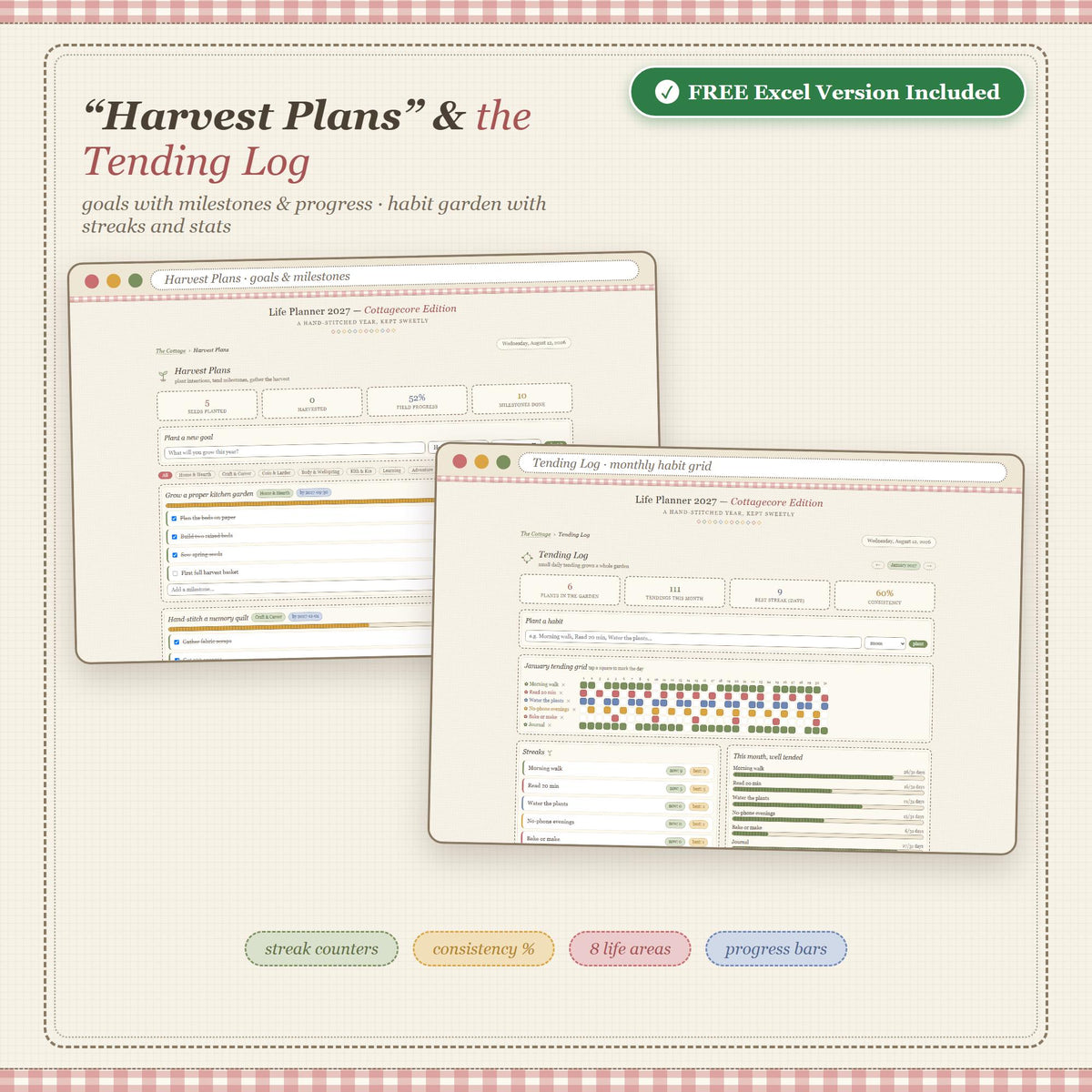 Cottagecore Life Planner 2027, All-in-One Digital Planner, Weekly Habit Tracker (Excel Included)