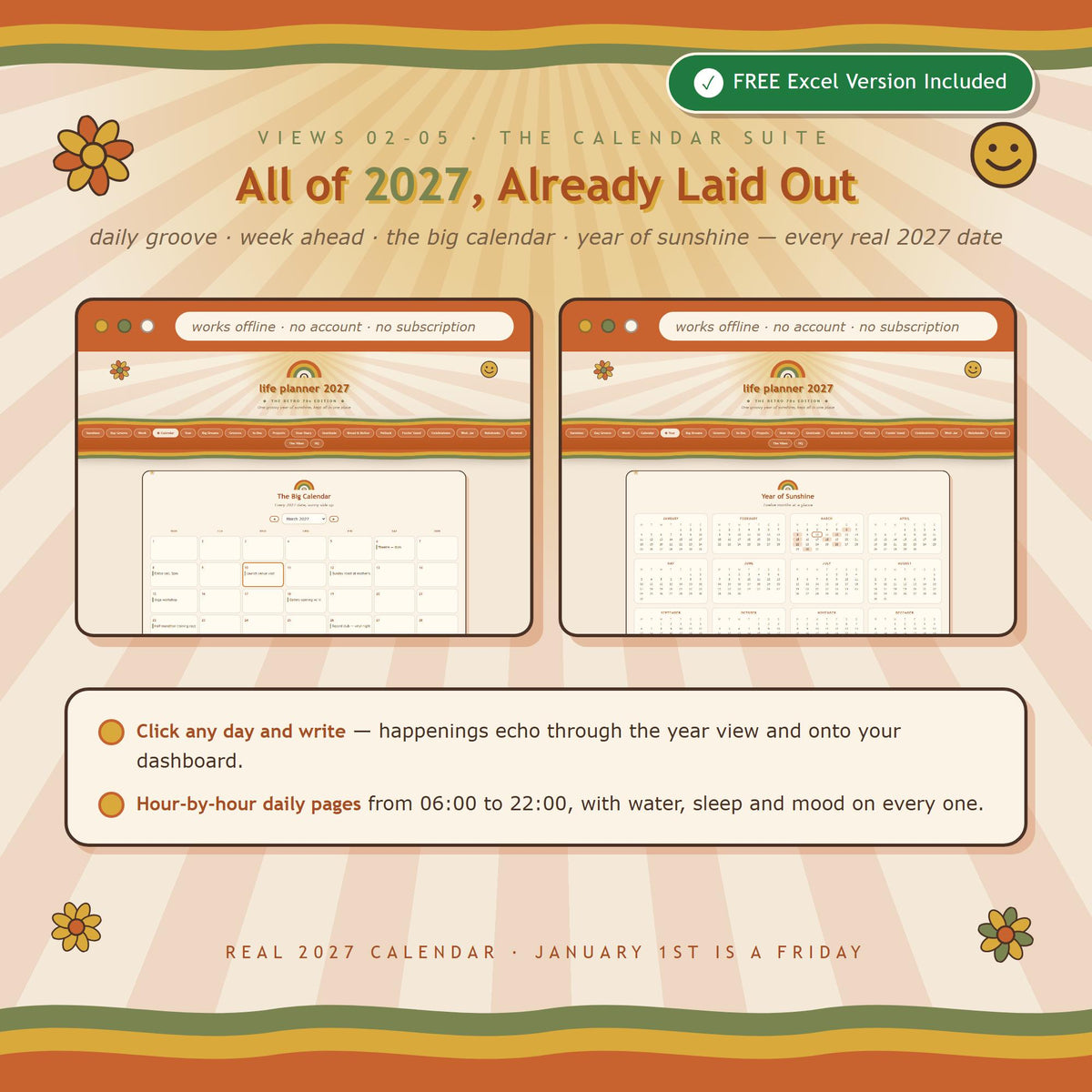 Retro 70s Life Planner 2027, All-in-One Digital Planner (Excel Version Included)