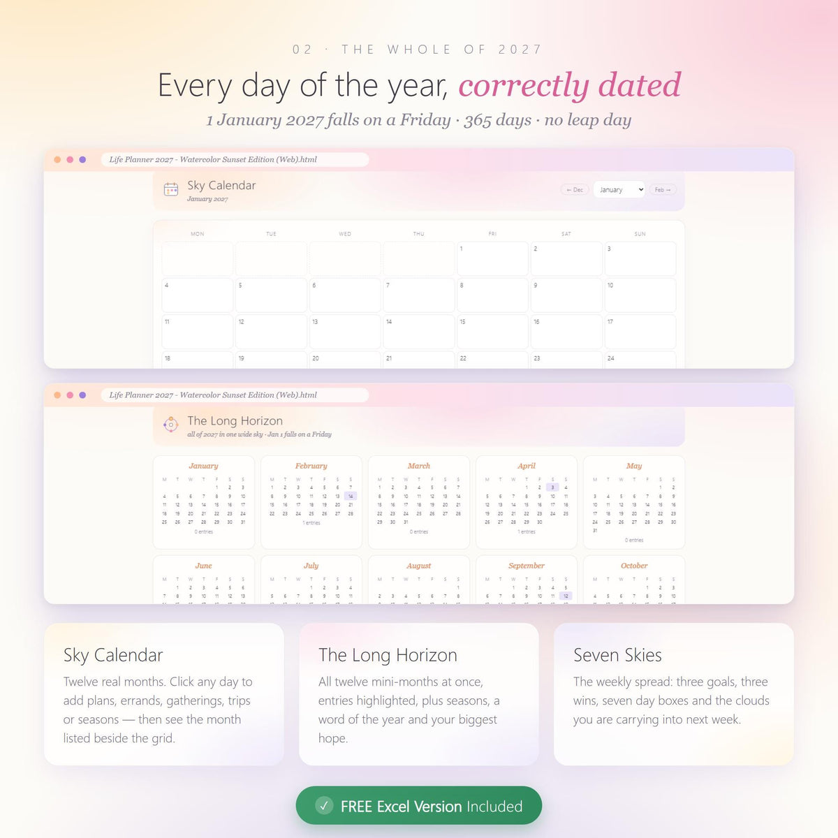 2027 Watercolor Sunset Life Planner, All-in-One Digital Planner (Instant Download)