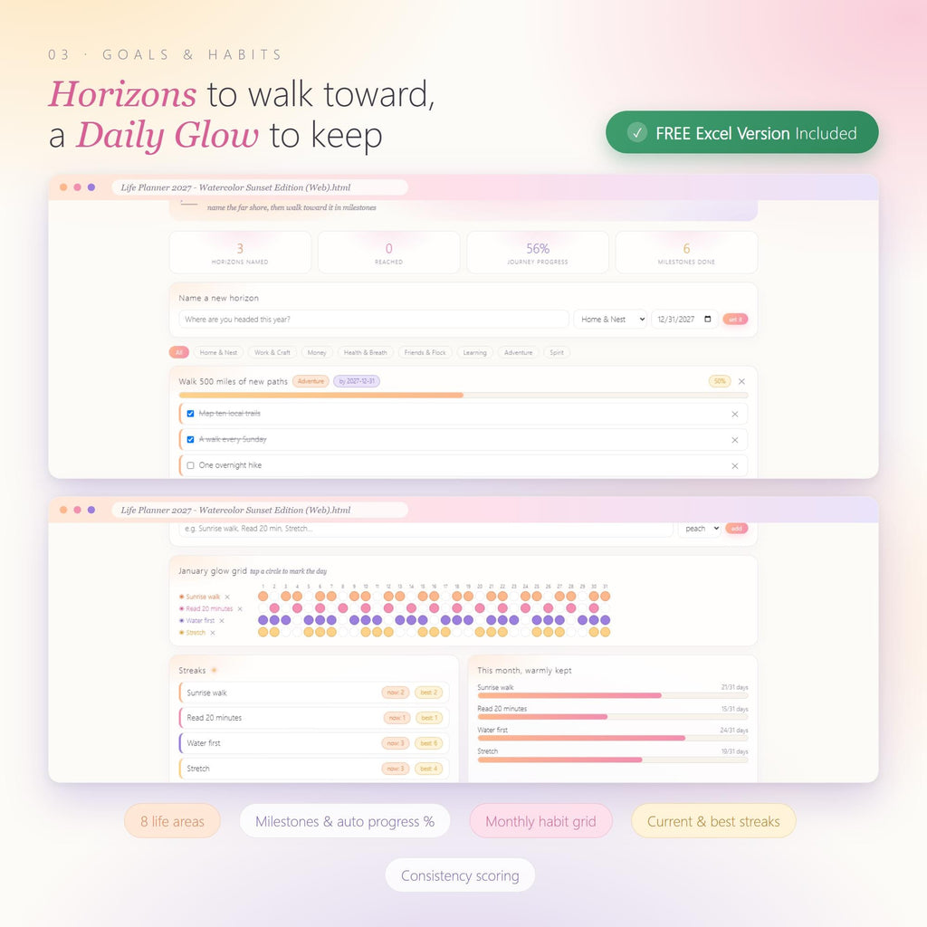 2027 Watercolor Sunset Life Planner, All-in-One Digital Planner (Instant Download)