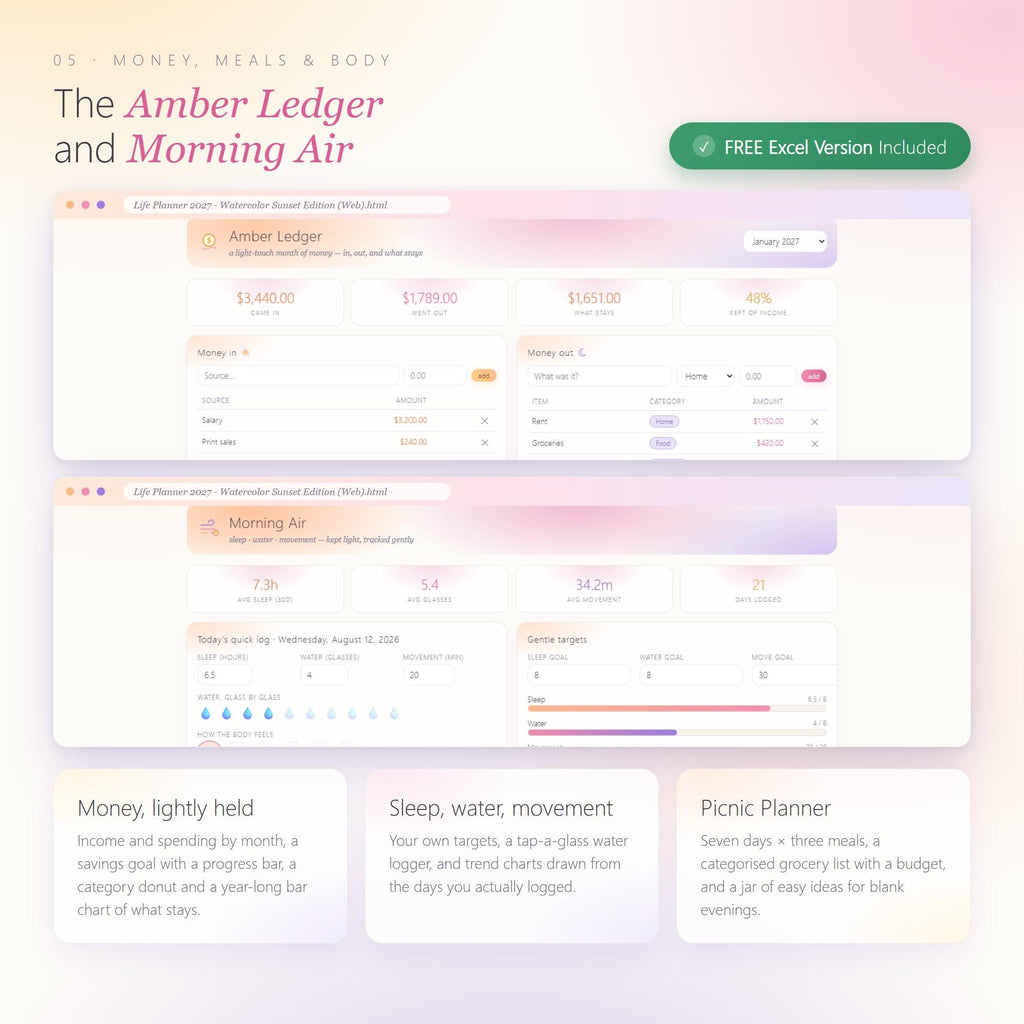 2027 Watercolor Sunset Life Planner, All-in-One Digital Planner (Instant Download)