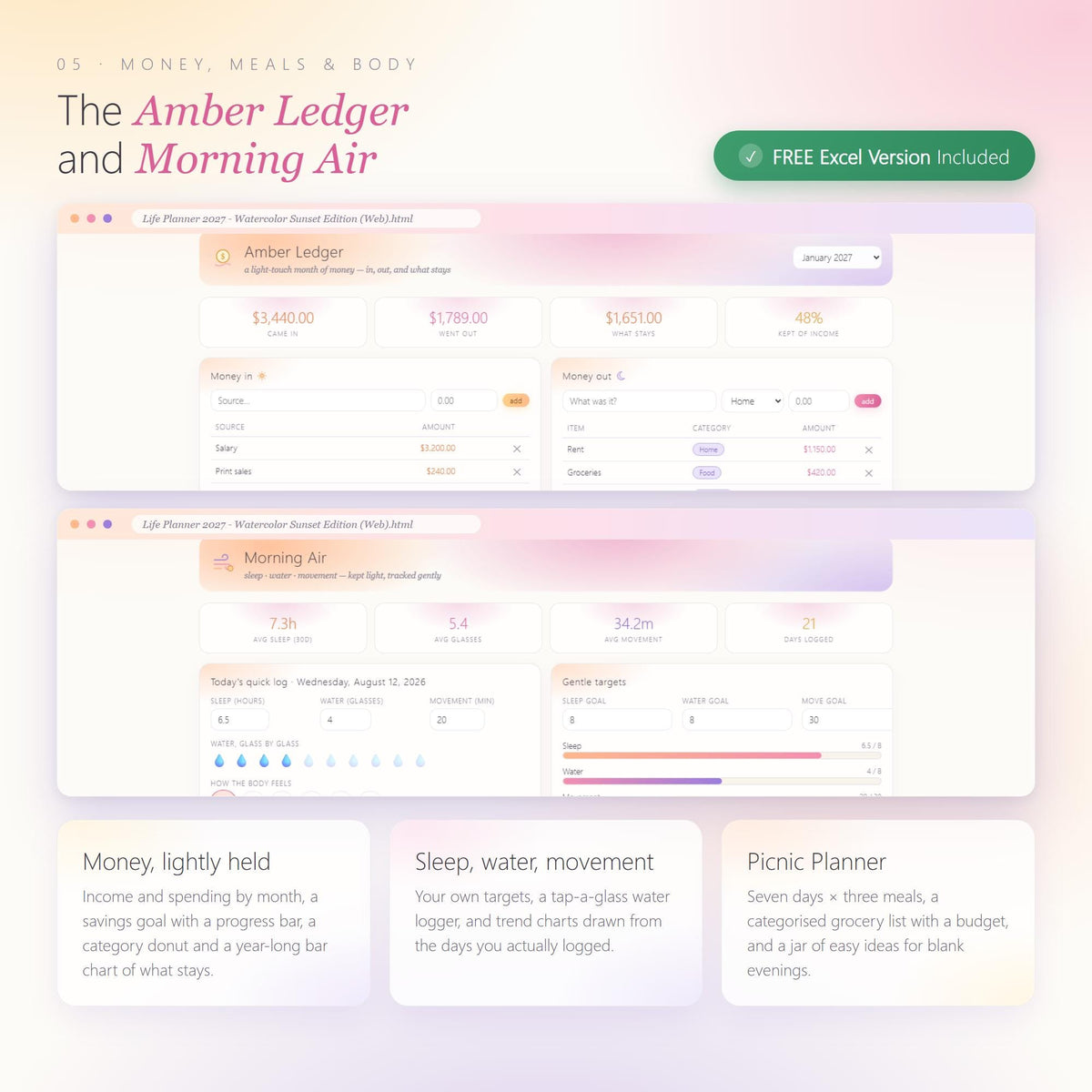 2027 Watercolor Sunset Life Planner, All-in-One Digital Planner (Instant Download)
