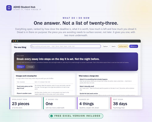 ADHD Student Planner Hub, Assignment Tracker, Study Timer (HTML App)