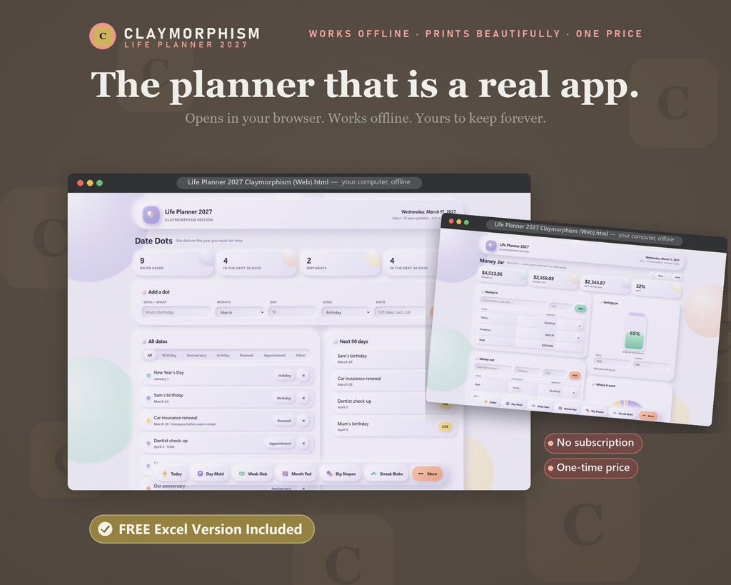 2027 Life Planner, Claymorphism Design, All-in-One Digital Planner (Excel Included)