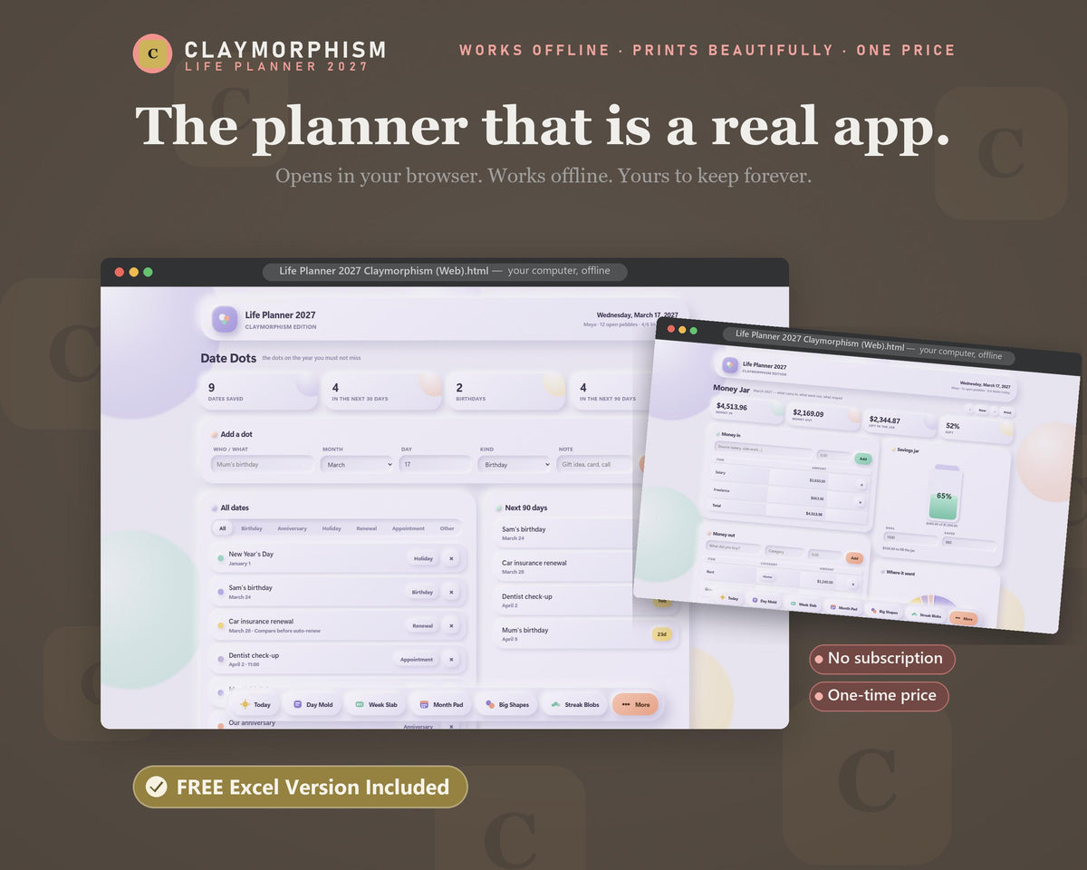 2027 Life Planner, Claymorphism Design, All-in-One Digital Planner (Excel Included)