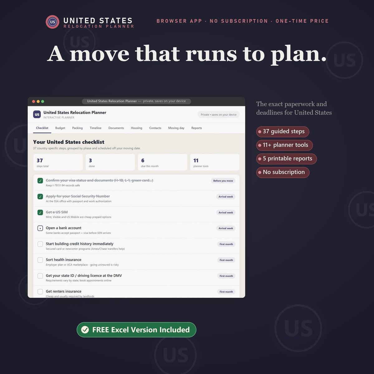 United States Relocation Planner, Moving Checklist, Budget, Packing Tracker (Digital Download)