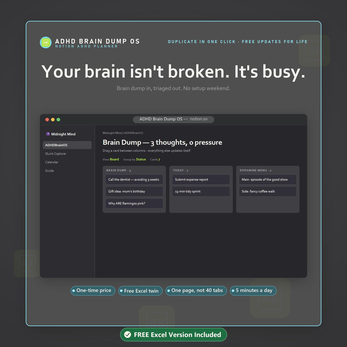 ADHD Notion Template, Dopamine Menu, Brain Dump Dashboard, Task System