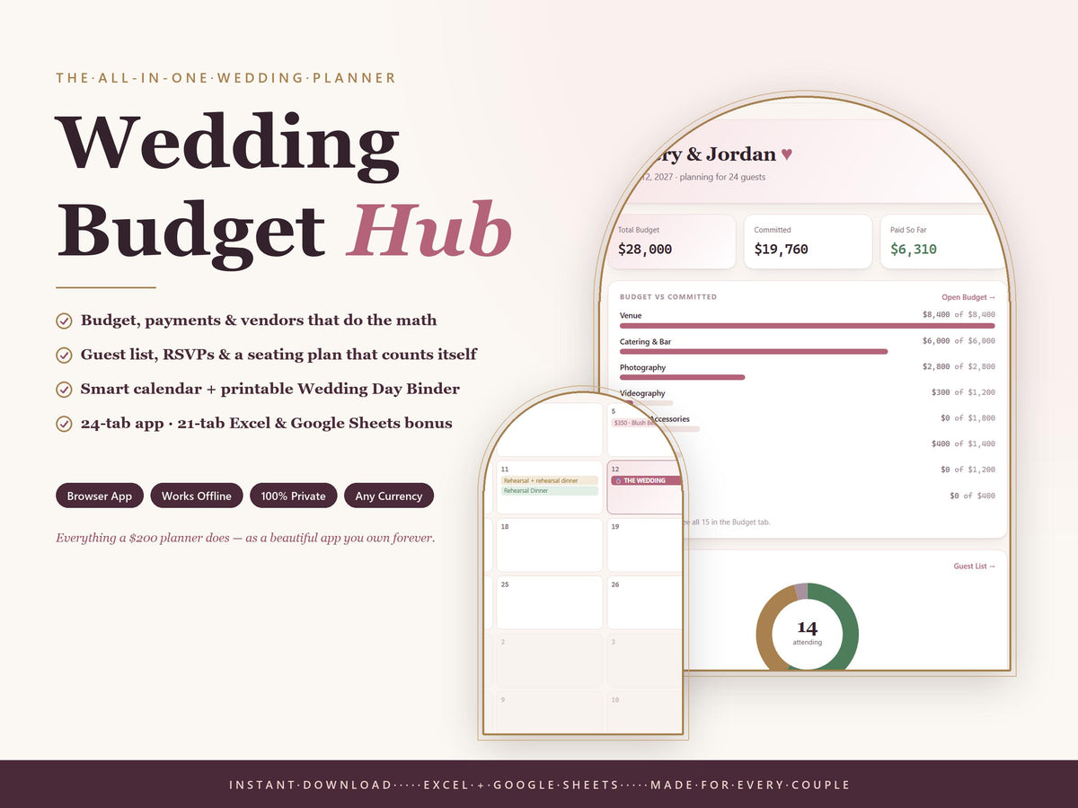 All-in-One Wedding Budget Planner App, Excel Workbook, Guest List Tracker (Digital Download)