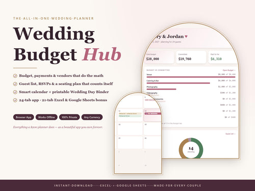 All-in-One Wedding Budget Planner App, Excel Workbook, Guest List Tracker (Digital Download)