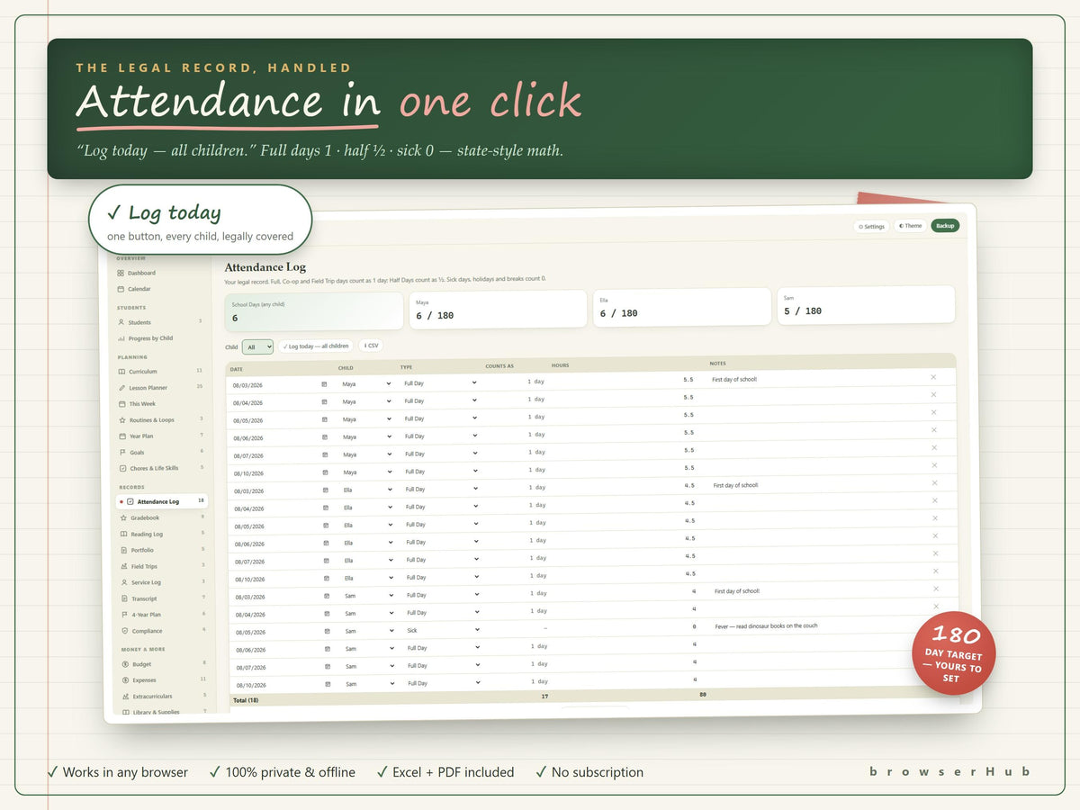 Homeschool Planner App, Attendance, Grades, Transcripts (Excel, PDF)