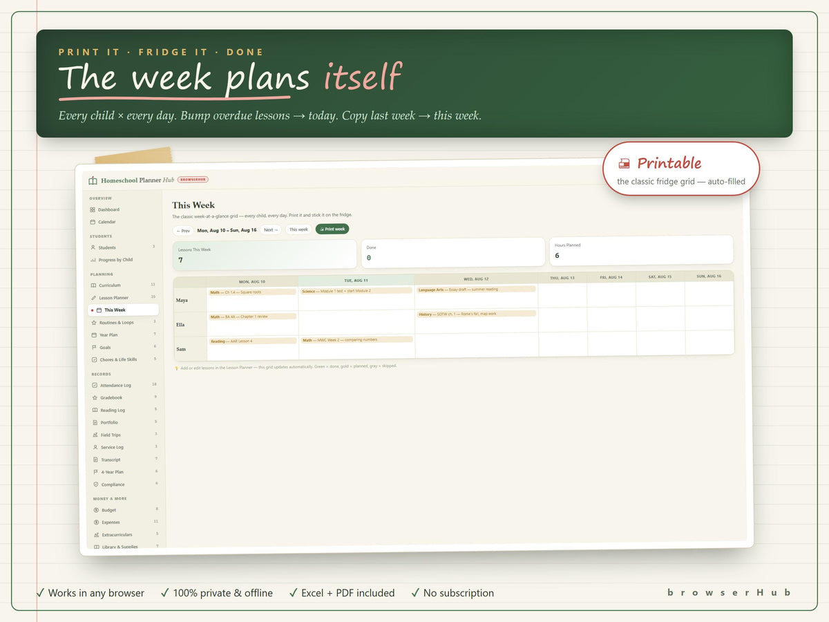Homeschool Planner App, Attendance, Grades, Transcripts (Excel, PDF)