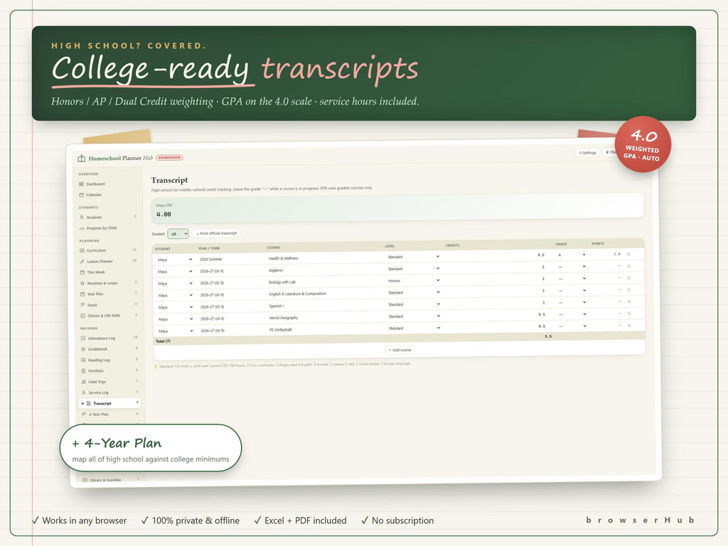Homeschool Planner App, Attendance, Grades, Transcripts (Excel, PDF)