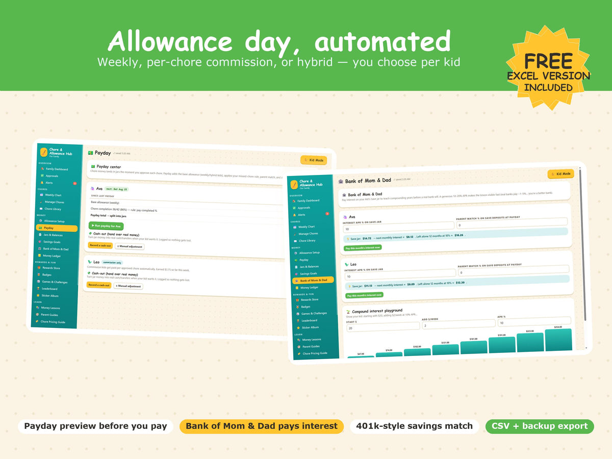 Interactive Chore Chart App, Kids Allowance Tracker, Money Skills (Digital Download)