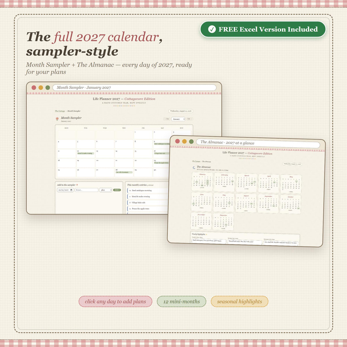 Cottagecore Life Planner 2027, All-in-One Digital Planner, Weekly Habit Tracker (Excel Included)