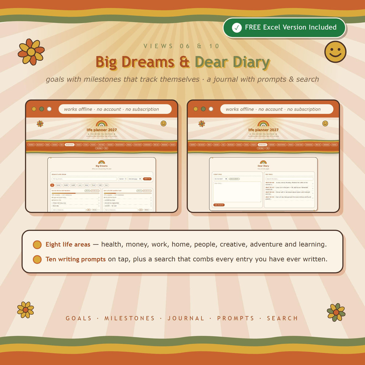 Retro 70s Life Planner 2027, All-in-One Digital Planner (Excel Version Included)