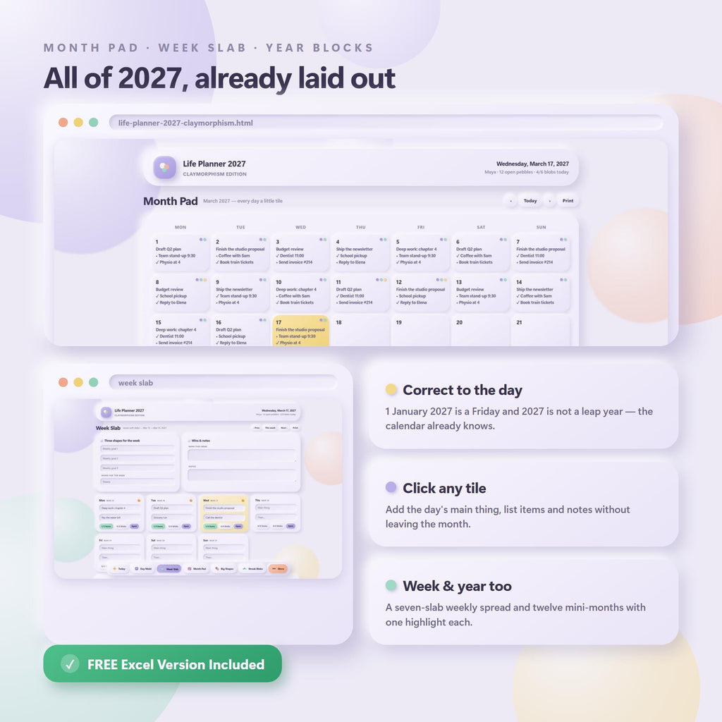 2027 Life Planner, Claymorphism Design, All-in-One Digital Planner (Excel Included)