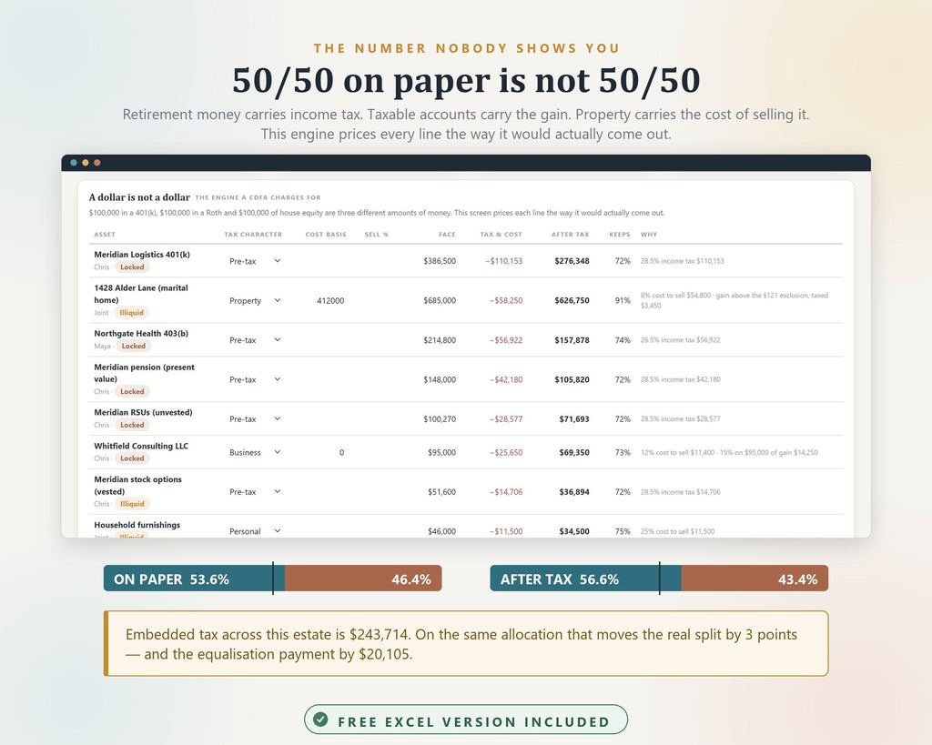 Divorce Financial Planner Hub, Asset Division, After-Tax Value, Excel Workbook (Instant Download)