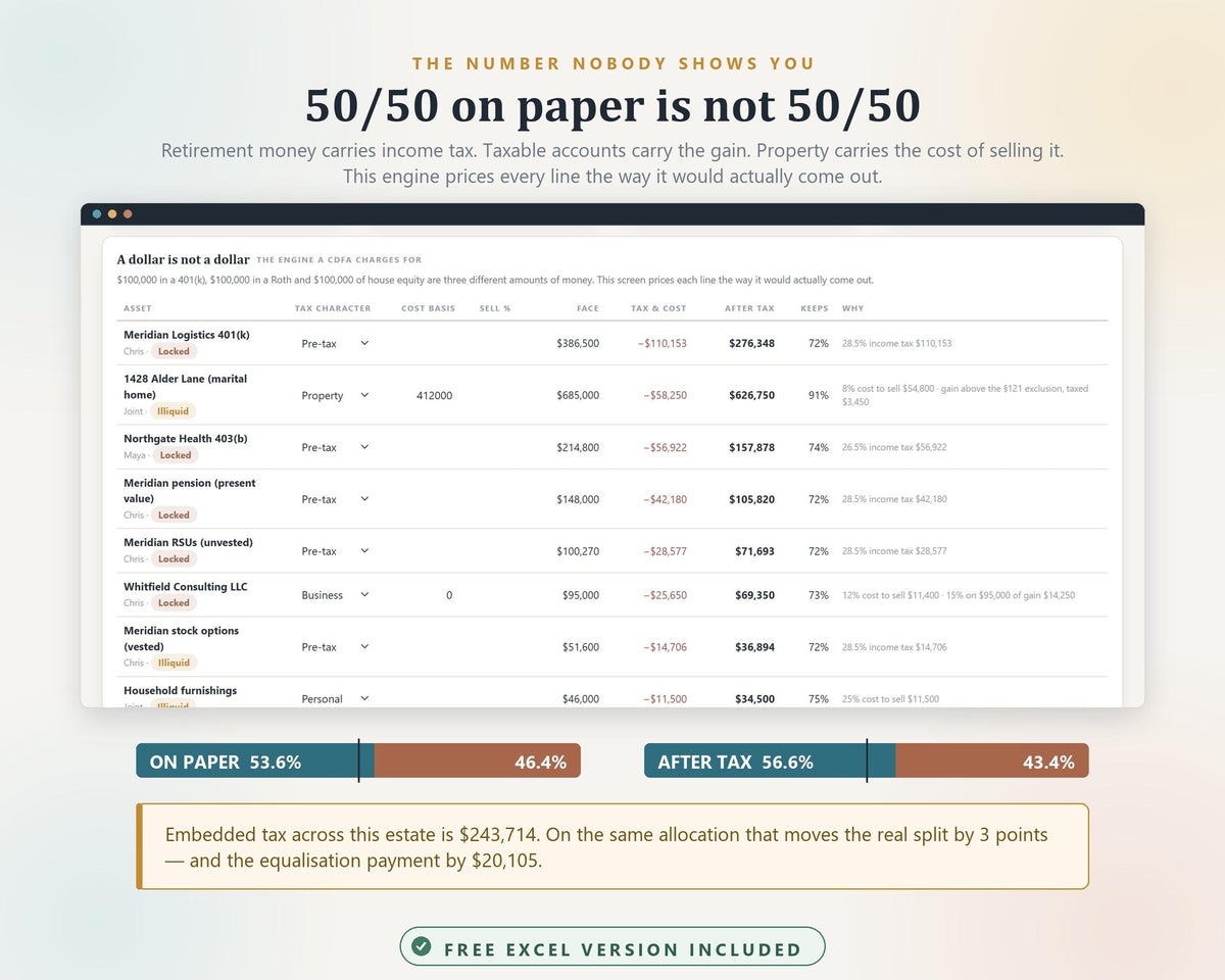 Divorce Financial Planner Hub, Asset Division, After-Tax Value, Excel Workbook (Instant Download)