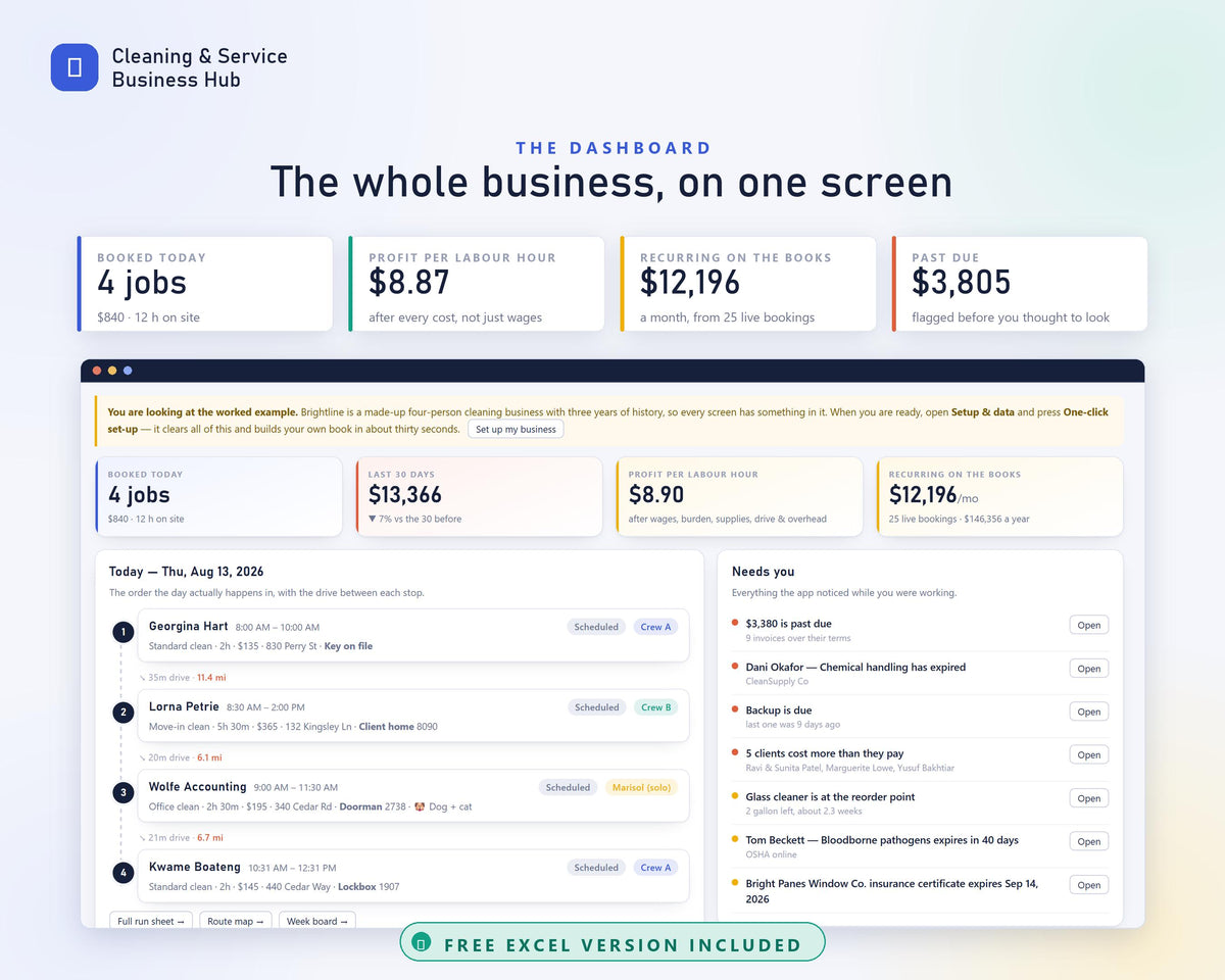 Cleaning Business Hub App, Schedule, Quote Calculator, Profit Tracker (Excel Included)