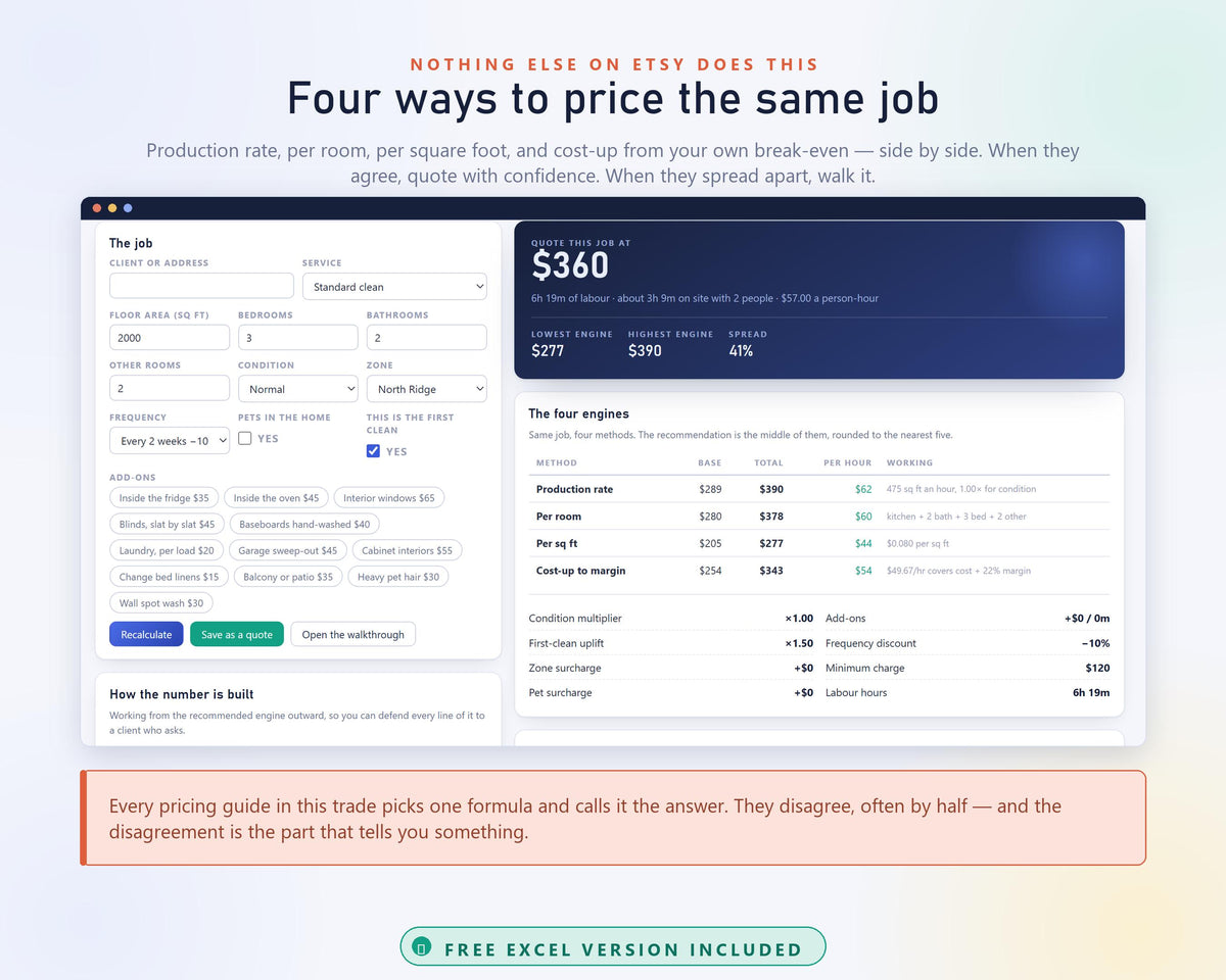 Cleaning Business Hub App, Schedule, Quote Calculator, Profit Tracker (Excel Included)