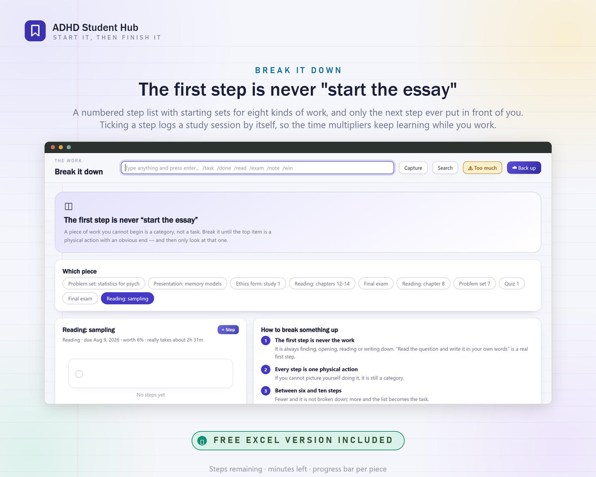 ADHD Student Planner Hub, Assignment Tracker, Study Timer (HTML App)