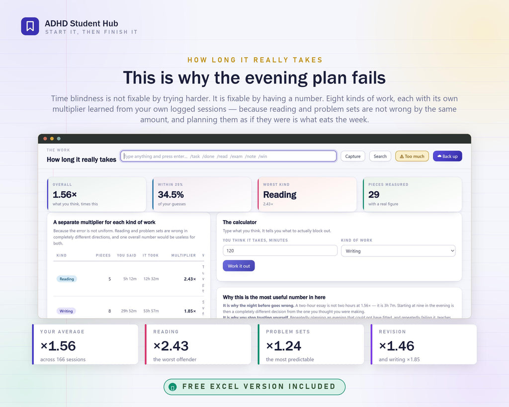 ADHD Student Planner Hub, Assignment Tracker, Study Timer (HTML App)