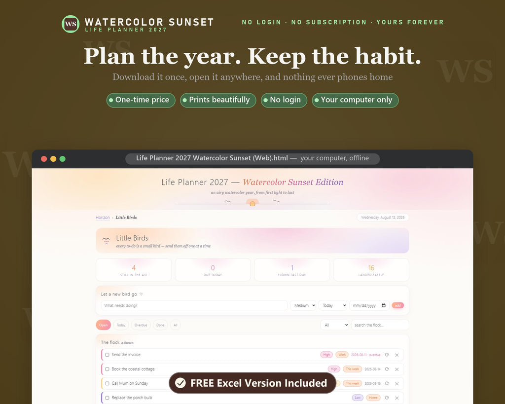 2027 Watercolor Sunset Life Planner, All-in-One Digital Planner (Instant Download)