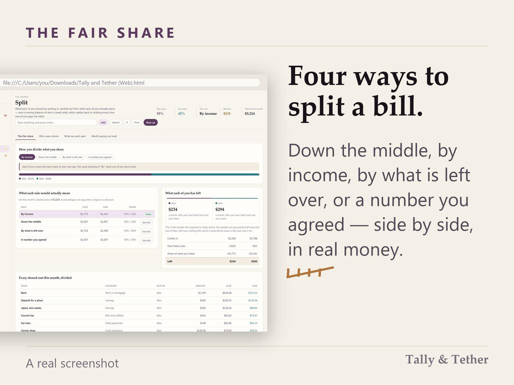 Couples Budget App | Fair Share Split by Income, Running Balance (HTML File)