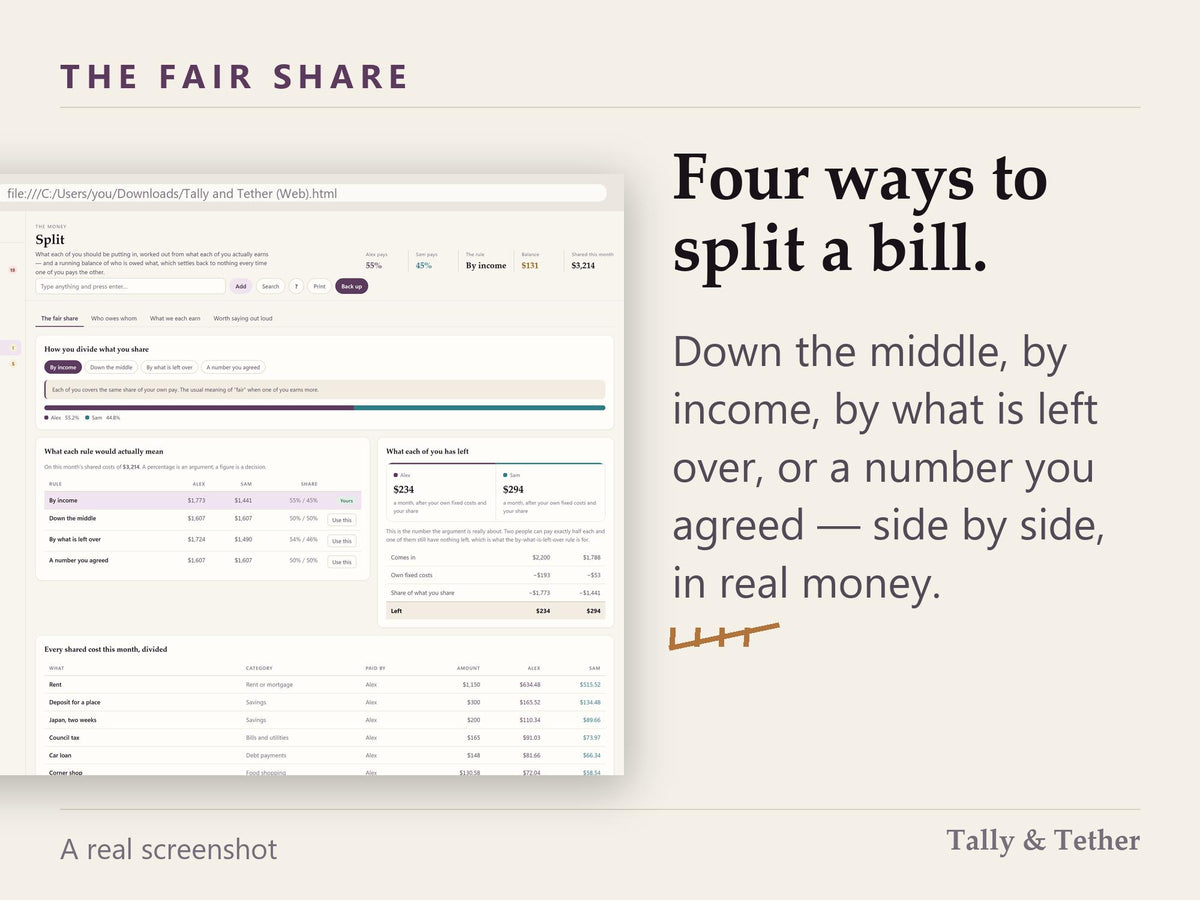 Couples Budget App | Fair Share Split by Income, Running Balance (HTML File)