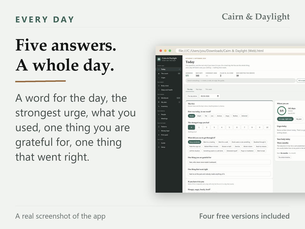 Sobriety Tracker App | Day Count, Urge Log, Body Clock (Offline HTML File)