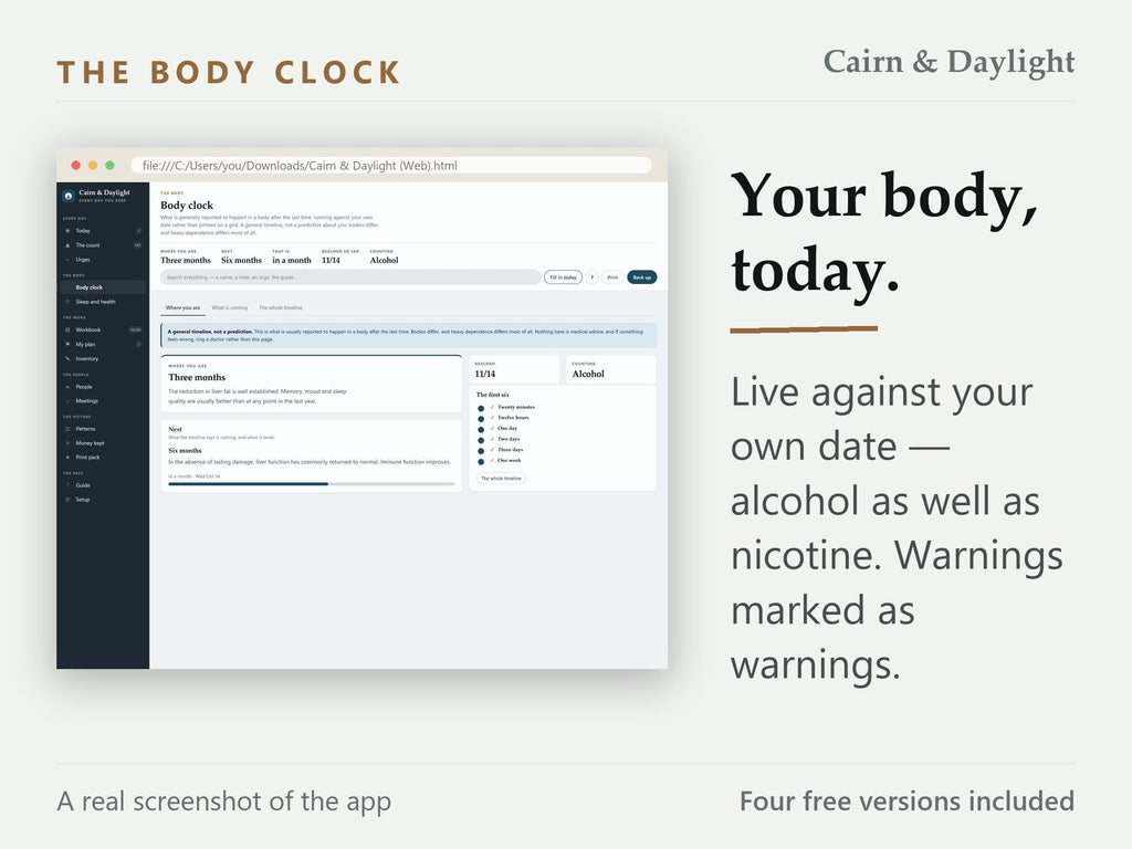 Sobriety Tracker App | Day Count, Urge Log, Body Clock (Offline HTML File)