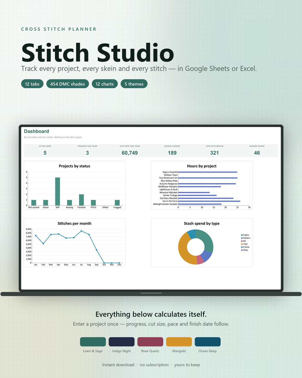Cross Stitch Planner Spreadsheet, Google Sheets & Excel WIP Tracker, DMC Floss Inventory, Pattern Stash Log, Project Org