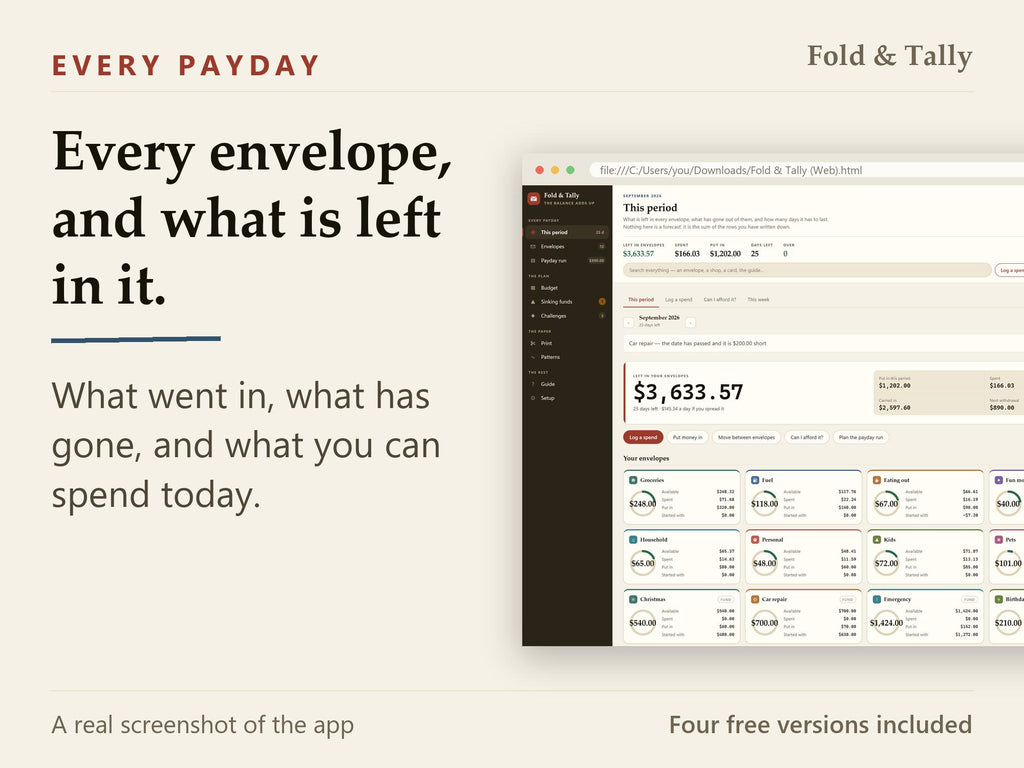Cash Envelope Tracker App | Offline Budgeting, Payday Run, Sinking Funds (HTML File)