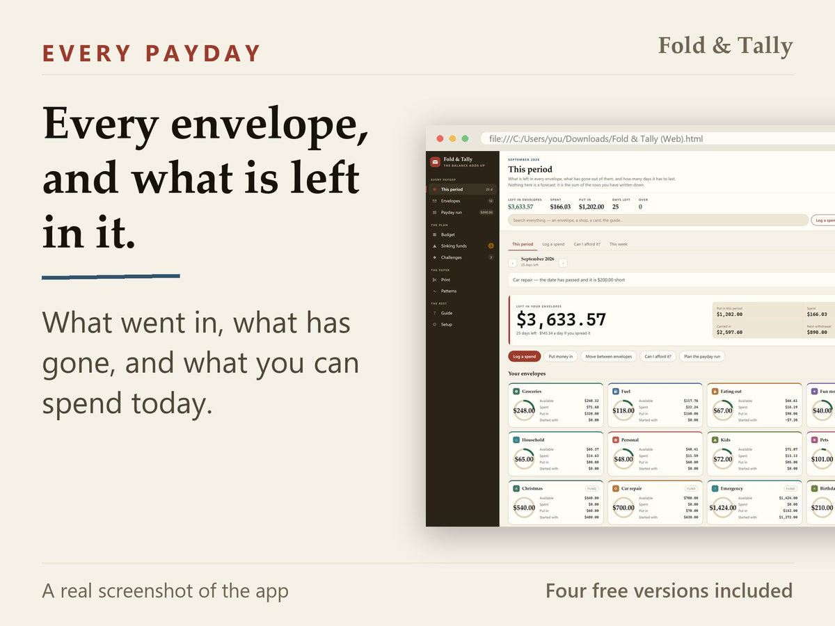 Cash Envelope Tracker App | Offline Budgeting, Payday Run, Sinking Funds (HTML File)