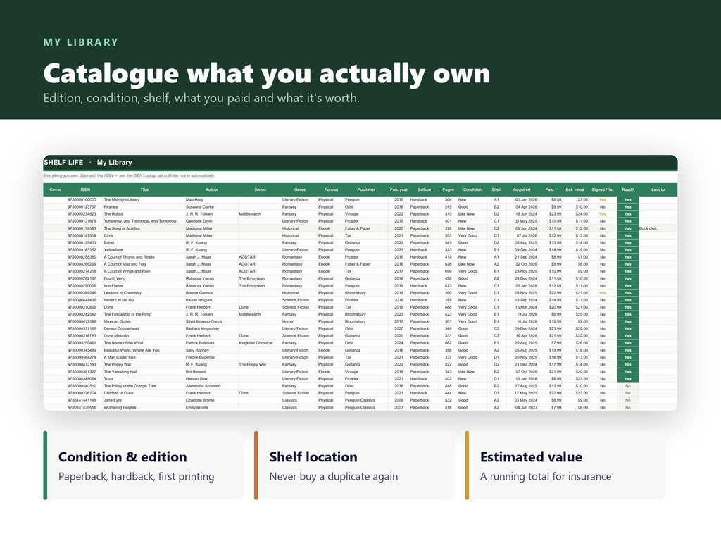 Book Tracker & Library Catalogue Spreadsheet | 5 Themes, Auto-Linking (Digital Download)
